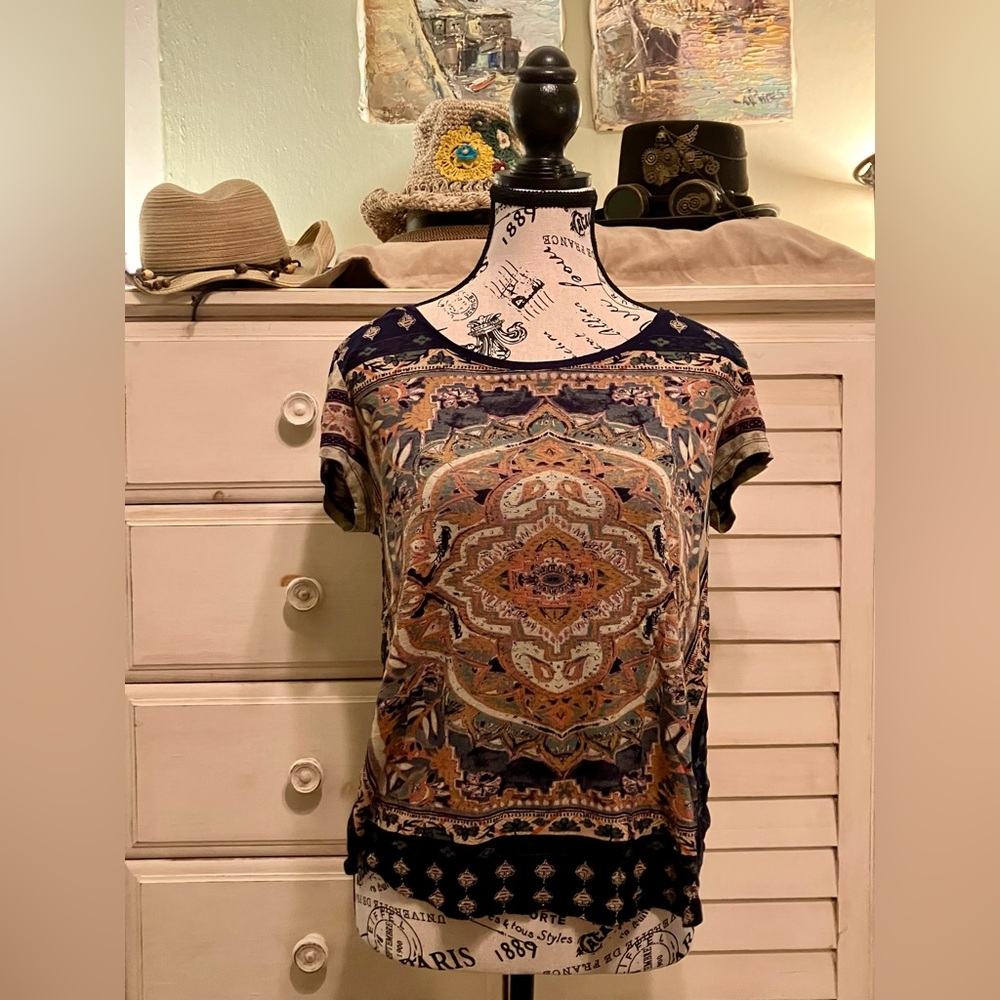 Lucky Brand Top Womens Medium Blue Multicolor Persian Carpet Tee Casual - Picture 4 of 15